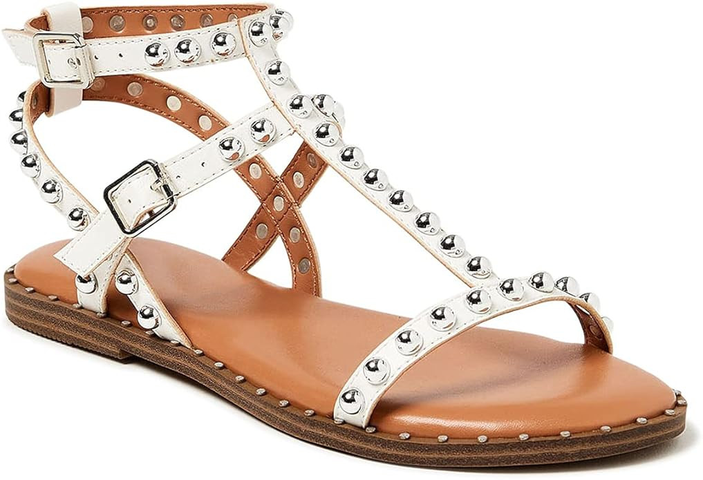 Coutgo Womens Strappy Gladiator Flat Sandal Square Open Toe Studded T Strap Rivet Slingback Buckl... | Amazon (US)