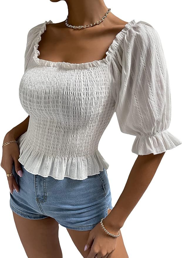 WDIRARA Women's Short Puff Sleeve Ruffle Hem Crop Tops Square Neck Shirred Blouses | Amazon (US)