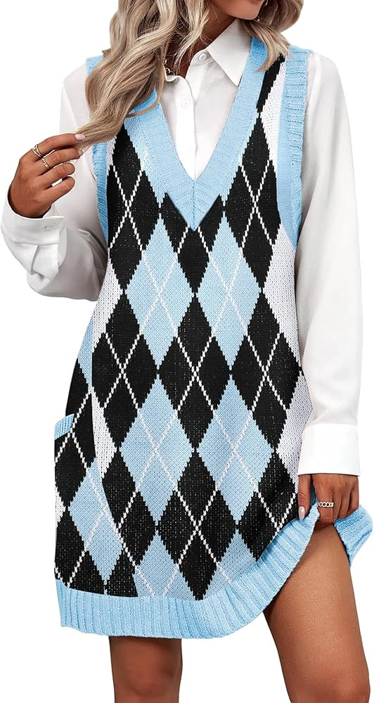 Zeagoo Womens Sweater Vest Dress Pattern Knitted Pullovers Sweaters V Neck Tank Sweater Dress wit... | Amazon (US)