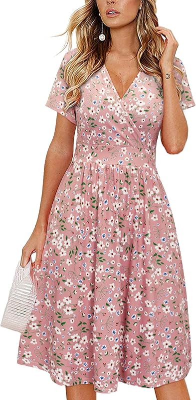 VOTEPRETTY Women's Short Sleeve V Neck Wrap Dress Summer Casual Floral Sundress with Pockets | Amazon (US)