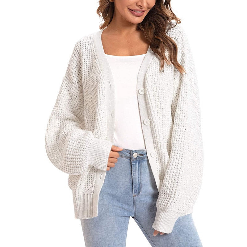 Cardigan for Women Fashion Casual Long Sleeve V-Neck Button Solid Sweater Ladies Tops White M | Walmart (US)