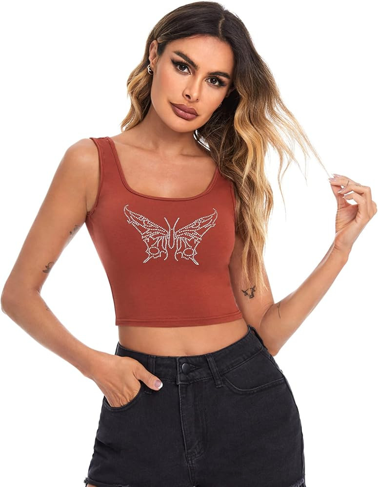 Verdusa Women's Square Neck Sleeveless Rhinestone Butterfly Tank Crop Top Rose Red XS at Amazon W... | Amazon (US)