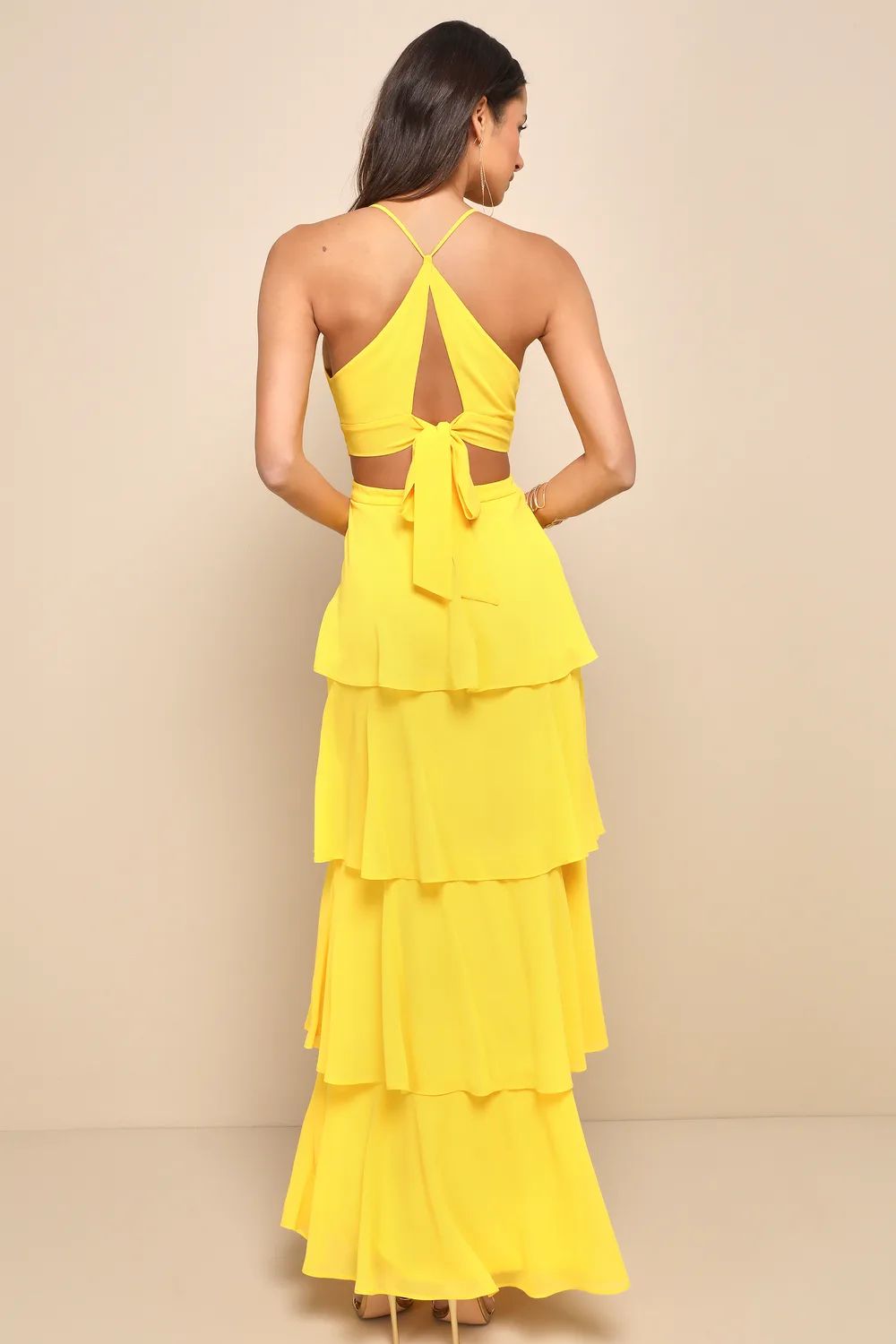 Tier and Now Yellow Tie-Back Tiered Maxi Dress | Lulus