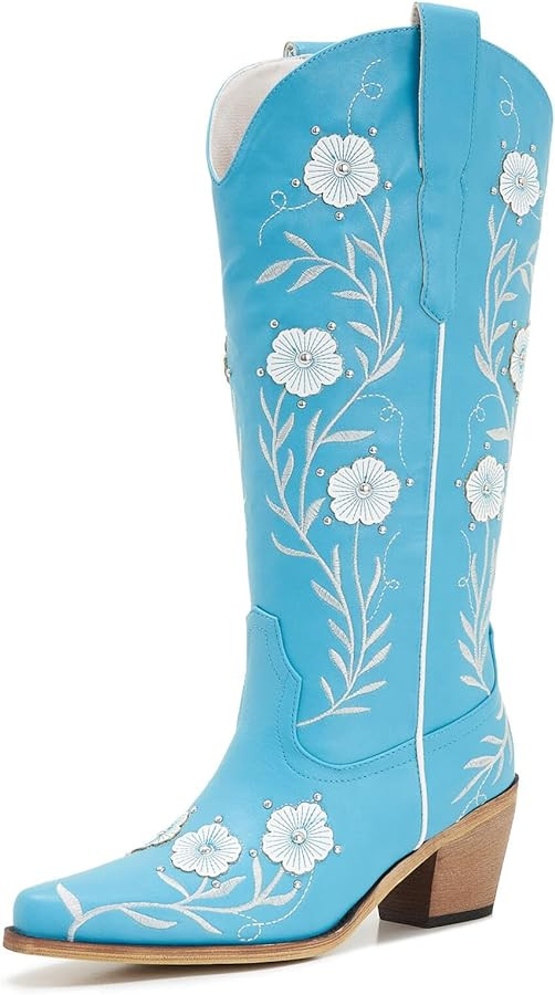 ZXHYZLZ Women’s Turquoise Embroidered Cowgirl Boots – Western Knee High Cowboy Boots with Whi... | Amazon (US)