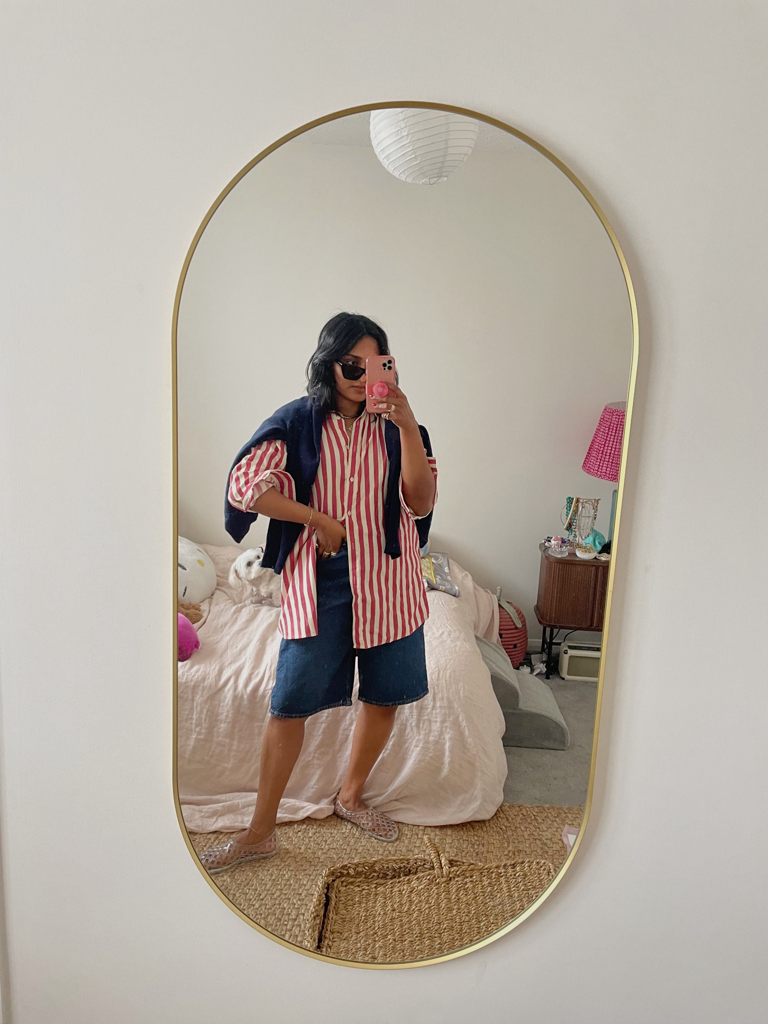 Long denim shorts 
Stripe shirt 
JHORTs 
Jelly shoes 
The row shoe dupes 

#LTKeurope #LTKstyletip #LTKshoecrush