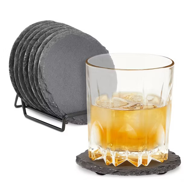 Juvale 8 Pack Slate Stone Drink Coaster Set with Holder for Kitchen Bar & Home Decor, Round, Blac... | Target