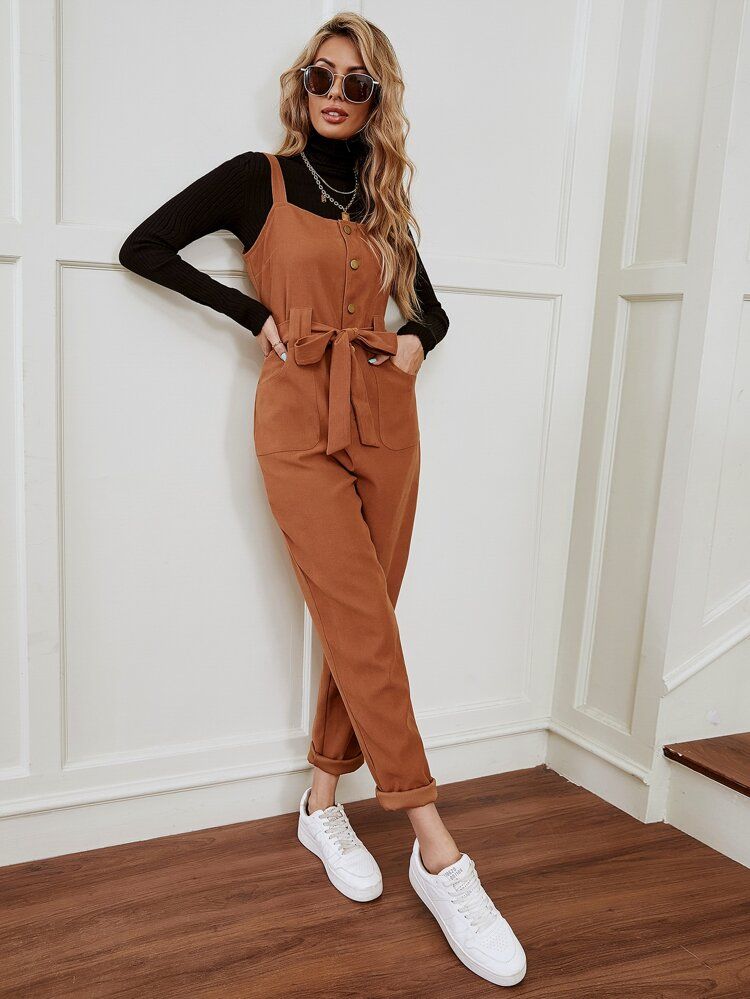 Button And Pocket Front Belted Pinafore Jumpsuit | SHEIN