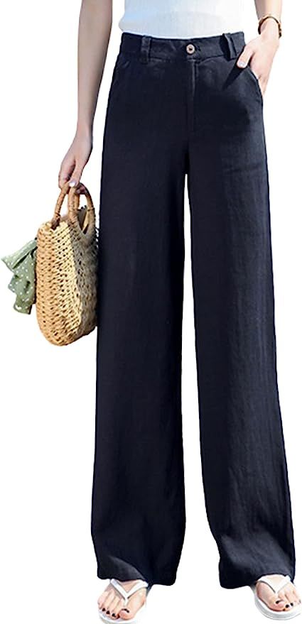 Hooever Womens Casual High Waisted Wide Leg Pants Button Up Straight Leg Trousers | Amazon (US)
