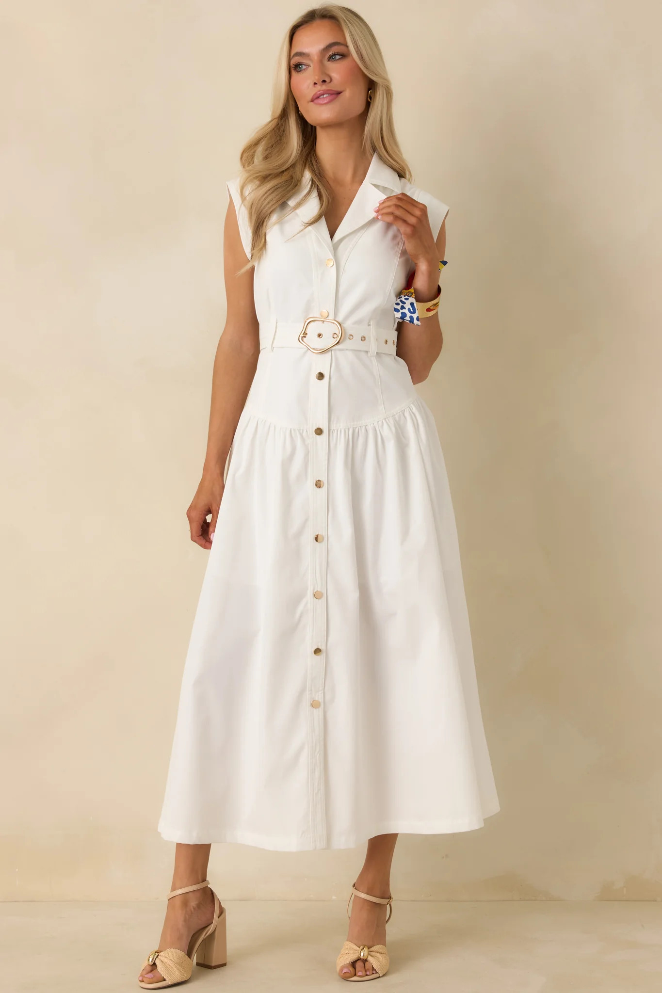 Just Right Moments White Sleeveless Belted Maxi Shirt Dress | Red Dress