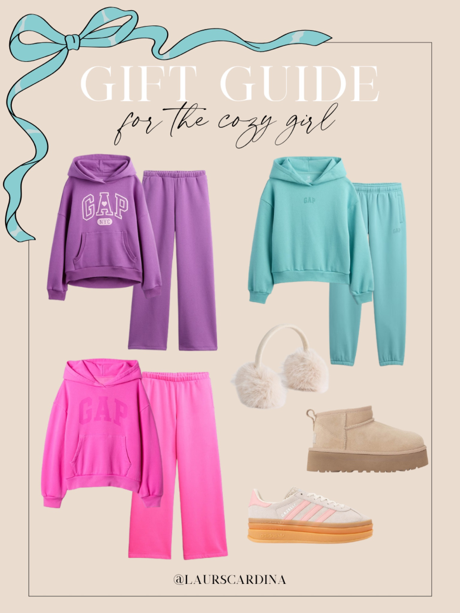 Gift guide for the cozy girl includes hoodie and sweat pant sets, faux fur earmuffs, Ugg boots, and Adidas Gazelle sneakers. 

Gifts for her, gifts for girls, teen gift guide

#LTKHoliday #LTKGiftGuide #LTKFindsUnder50