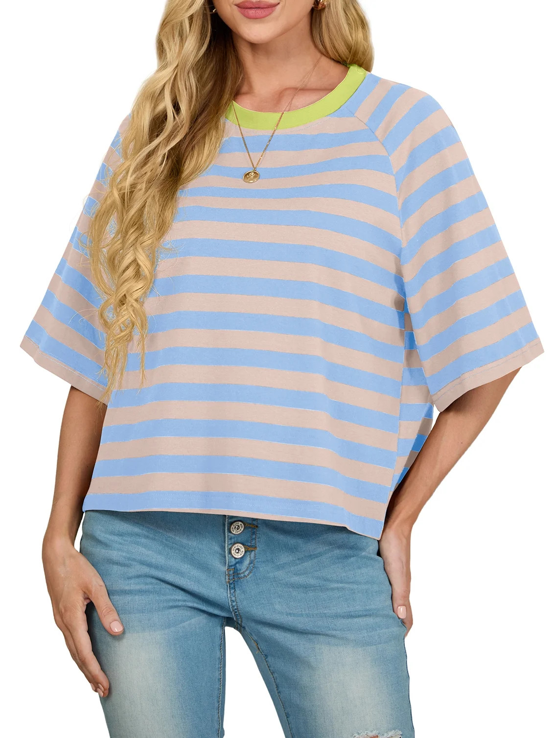 Cueply Tops for Women Summer Short Sleeve T Shirts Striped Design Fashion Crewneck Casual Loose B... | Walmart (US)