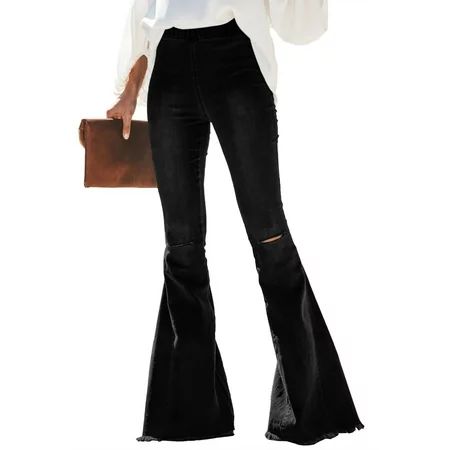 Sidefeel Women s Denim Pants Casual Elastic Waist Relaxed Fit Black Flare Jeans Medium US8-10 | Walmart (US)