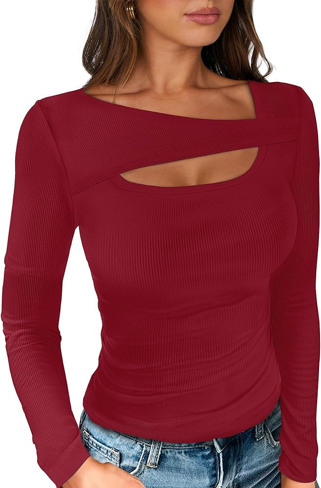 ANRABESS Womens Cutout Tops Trendy Sexy Long Sleeve Shirts Ribbed Slim Fit Tee 2025 Fall Fashion ... | Amazon (US)