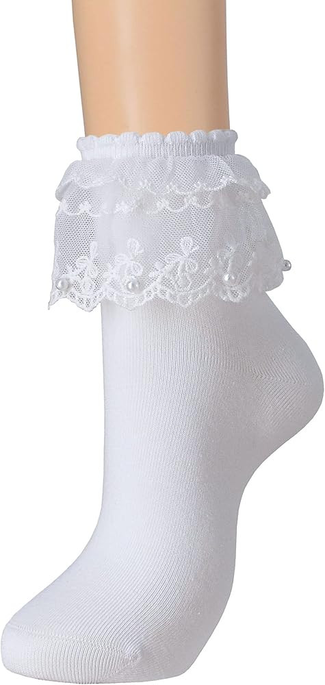 SRYL Women Ruffle Pearls Ankle Socks Lace Frilly Socks, Cute Cotton Socks Ladies Girl Princess La... | Amazon (US)