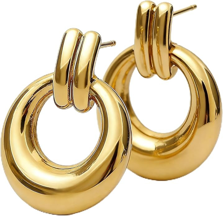 French Fashionable oval Earrings for Women - 14k Gold/White Gold Plated Large Oval Pull Through H... | Amazon (US)