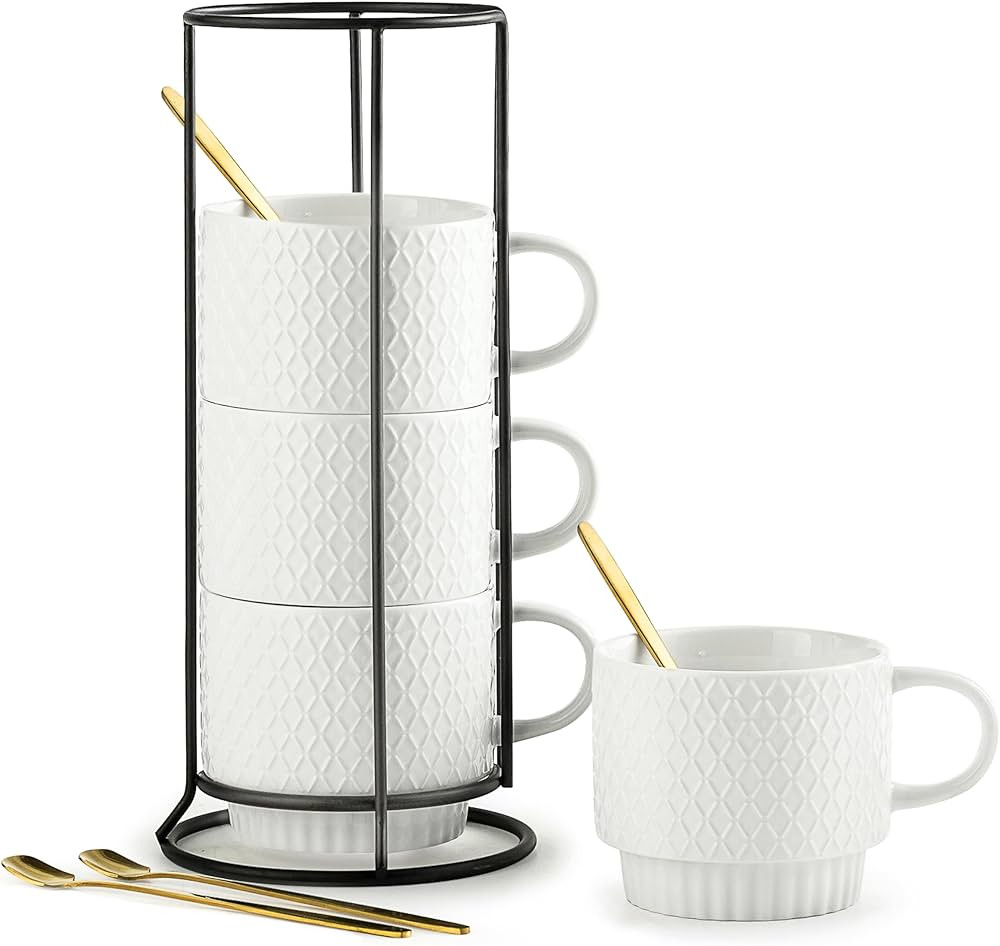 LYEOBOH Stackable Coffee Mugs with Rack, 13 oz Ceramic Coffee Mug Set of 4 with Stand, Latte Cup ... | Amazon (US)