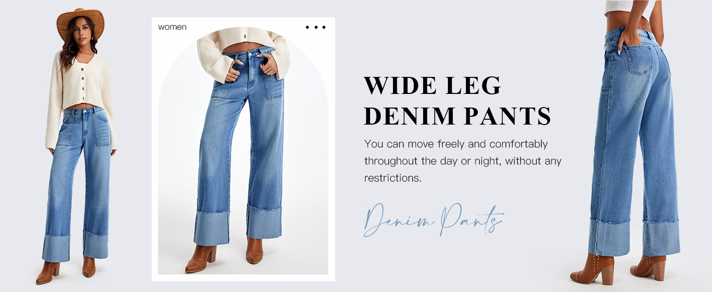 PLNOTME Womens Baggy Cuffed Jeans Casual Straight Leg Boyfriend Denim Pants with Pockets | Amazon (US)