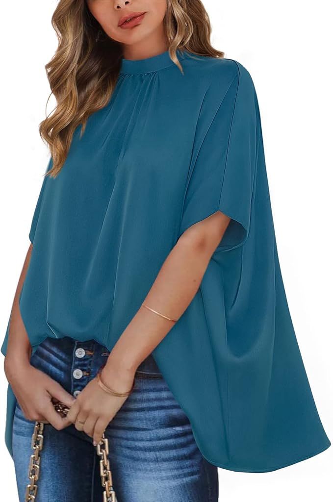 Vigorics Women Tie Back Mock Neck Casual Batwing Short Sleeve Tops Oversize Blouses Silk Shirts | Amazon (US)