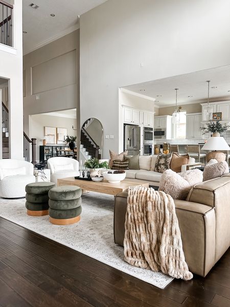 Living room, modern organic, viral rug, modern ottomans, leather sofa, swivel chairs, modern organic lamp, coffee table styling, Loloi, alchemy fine home, Arhaus coffee table, arch mirror. Beigewhitegray/ Mariana 
affordable home 

#LTKStyleTip #LTKHome