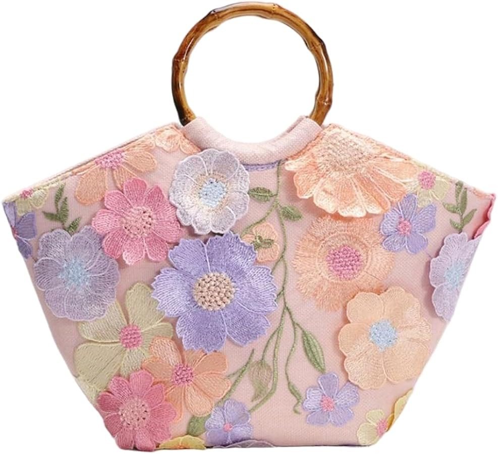 Sequin Embroidered Floral Tote Bag Women Summer Beach Bag Hobo Shoulder Handbag with Bamboo Handl... | Amazon (US)