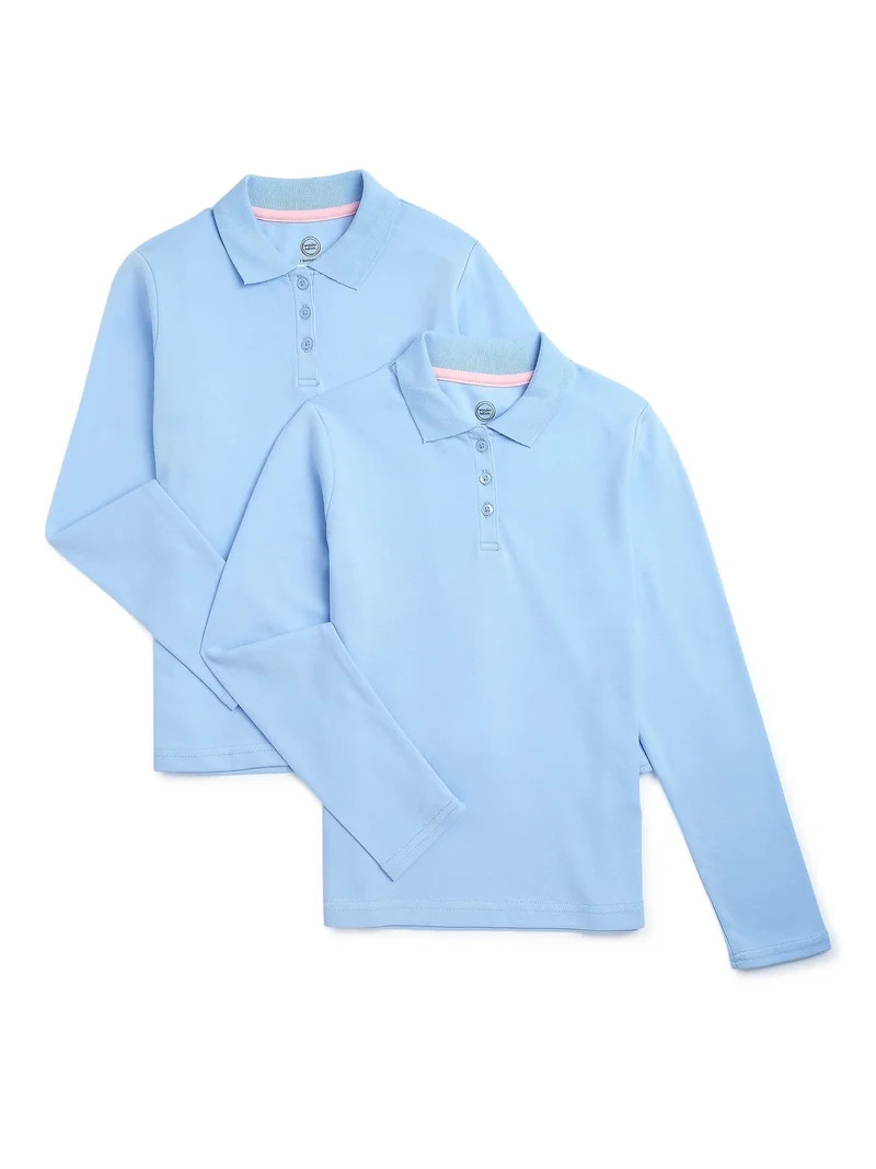 Wonder Nation Girls School Uniform Long Sleeve Interlock Polo Shirt, 2-Pack, Sizes 4-18 & 10-16 P... | Walmart (US)