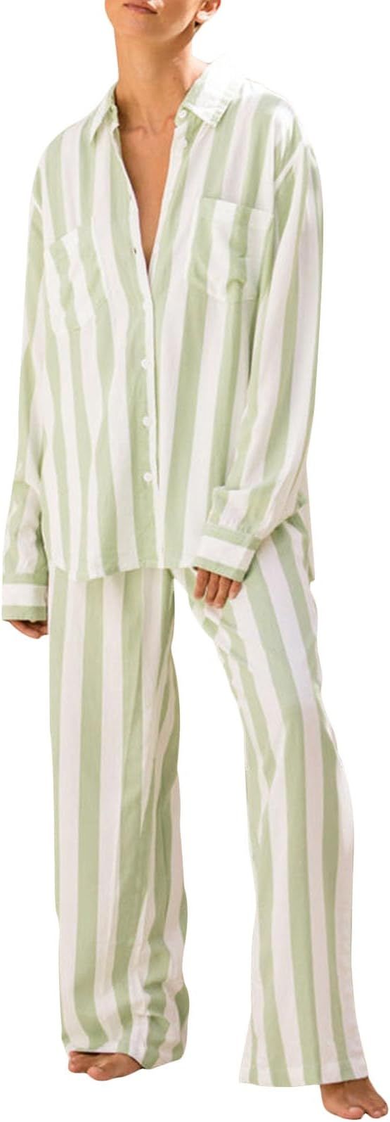 Women Y2k Striped Pajama Sets Long Sleeve Button Front Lounge Set Loose 2Piece Shirt and Pants Ca... | Amazon (US)