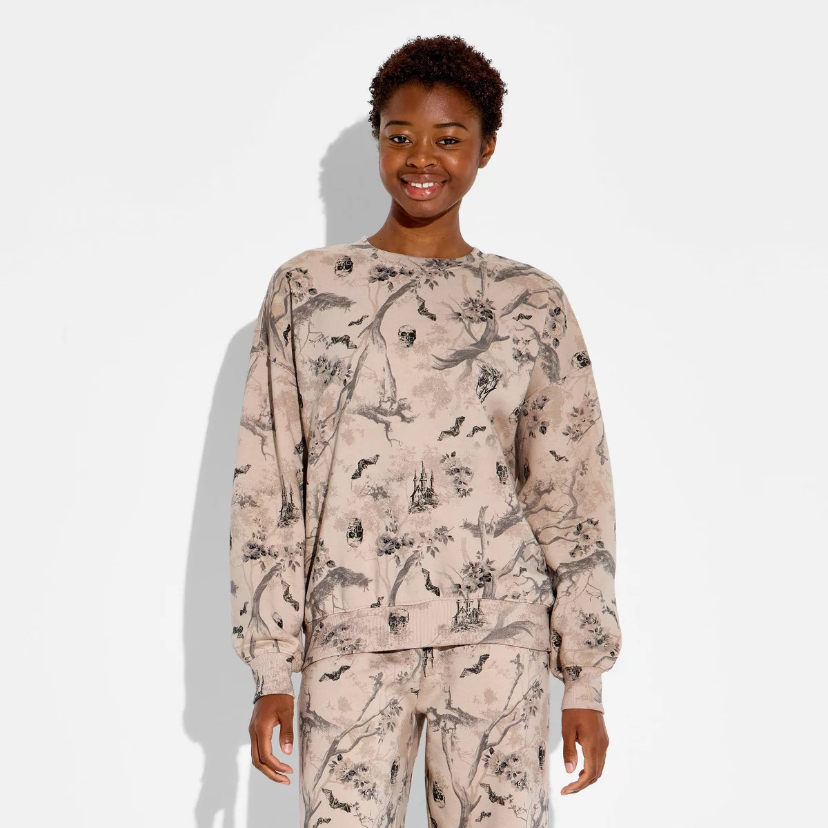 Women's Crewneck Woodsy Halloween Graphic Pullover Sweatshirt - Dark Taupe M | Target