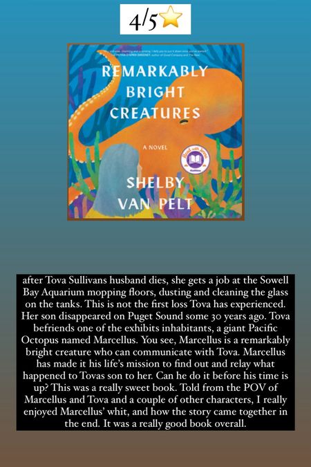 17. Remarkably Bright Creatures by Shelby Van Pelt :: 4/5⭐️ after Tova Sullivans husband dies, she gets a job at the Sowell Bay Aquarium mopping floors, dusting and cleaning the glass on the tanks. This is not the first loss Tova has experienced. Her son disappeared on Puget Sound some 30 years ago. Tova befriends one of the exhibits inhabitants, a giant Pacific Octopus named Marcellus. You see, Marcellus is a remarkably bright creature who can communicate with Tova. Marcellus has made it his life’s mission to find out and relay what happened to Tovas son to her. Can he do it before his time is up? This was a really sweet book. Told from the POV of Marcellus and Tova and a couple of other characters, I really enjoyed Marcellus’ whit, and how the story came together in the end. It was a really good book overall. 

#LTKhome #LTKtravel