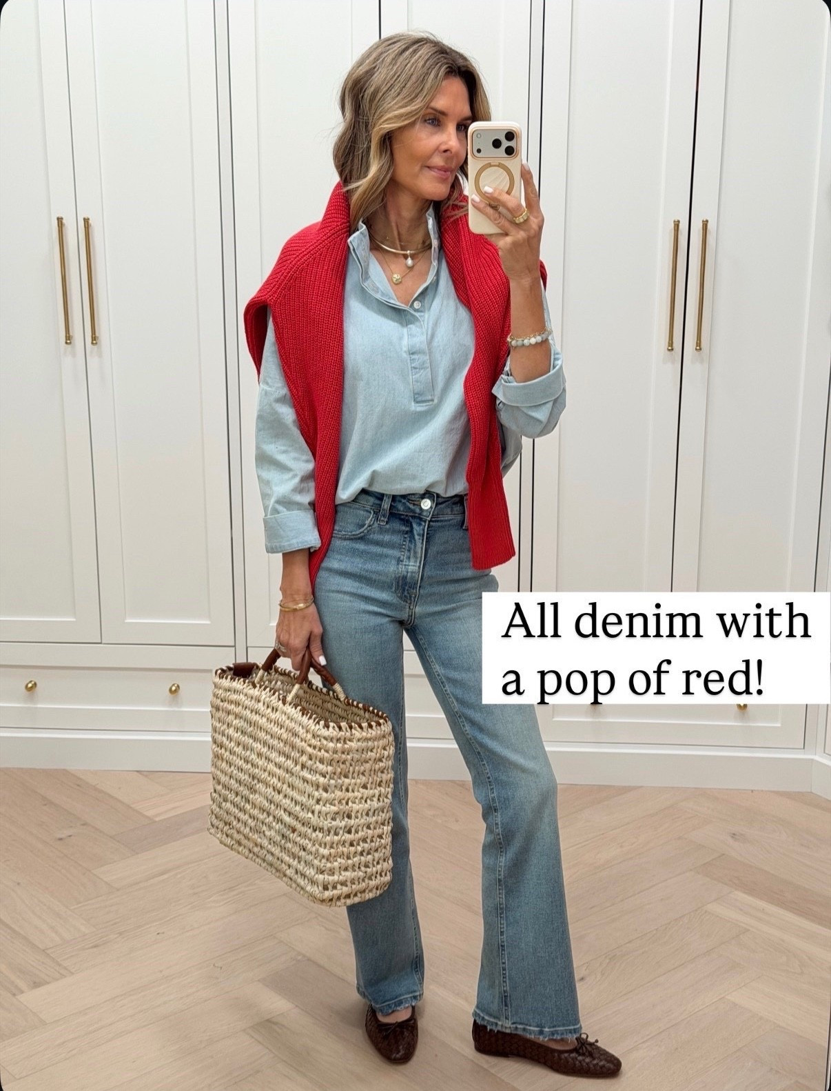 -A favorite top reg small size. Available in petite now 
-jeans for perfectly, a travel jean TTS 
-woven tote! 
-flats TTS 


#LTKootd #LTKOver40