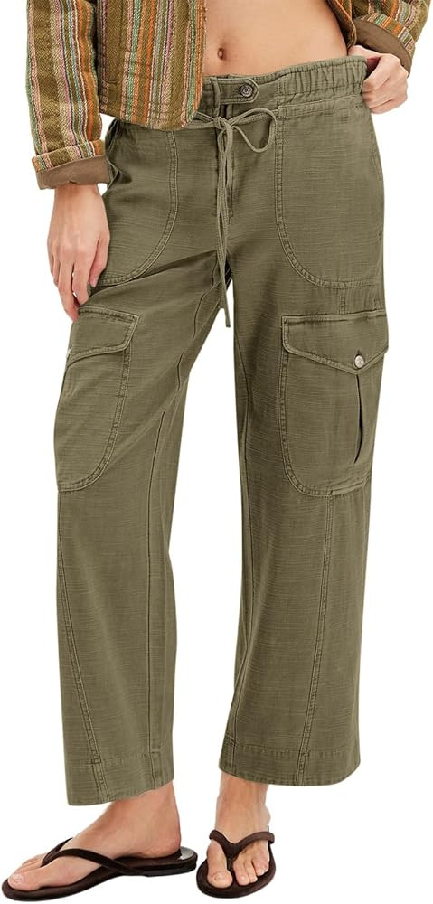 Cicy Bell Womens Cotton Cargo Pants Low Rise Drawstring Waist Wide Leg Casual Hiking Pants with M... | Amazon (US)