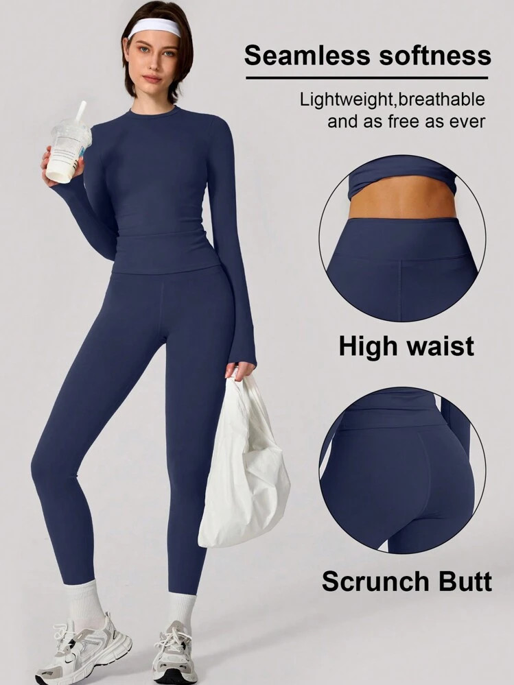 Set Women Simple Solid Color Sports Top And Pants Base Set Yoga Daily | SHEIN