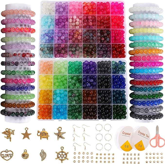 Glass Beads for Jewelry Making, 1280pcs + 8mm 48 Colors Round Crystal Glass Beads Bracelet Making... | Amazon (US)