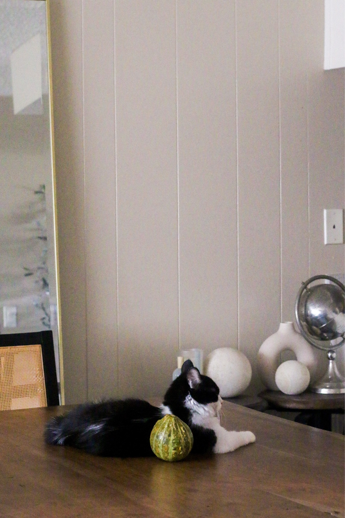 Dining room decor: Target oak cane dining chair, Home Depot gold rectangle floor mirror, Home Depot silver globe (similar), Jerome's Furniture boulevard live edge acacia wood dining table (similar)

#LTKSeasonal #LTKhome #LTKstyletip