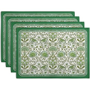 Green Floral Boho Placemats Set of 4, 12x18 Inch Vintage Chinoiserie Block Print Place Mats Seaso... | Amazon (US)