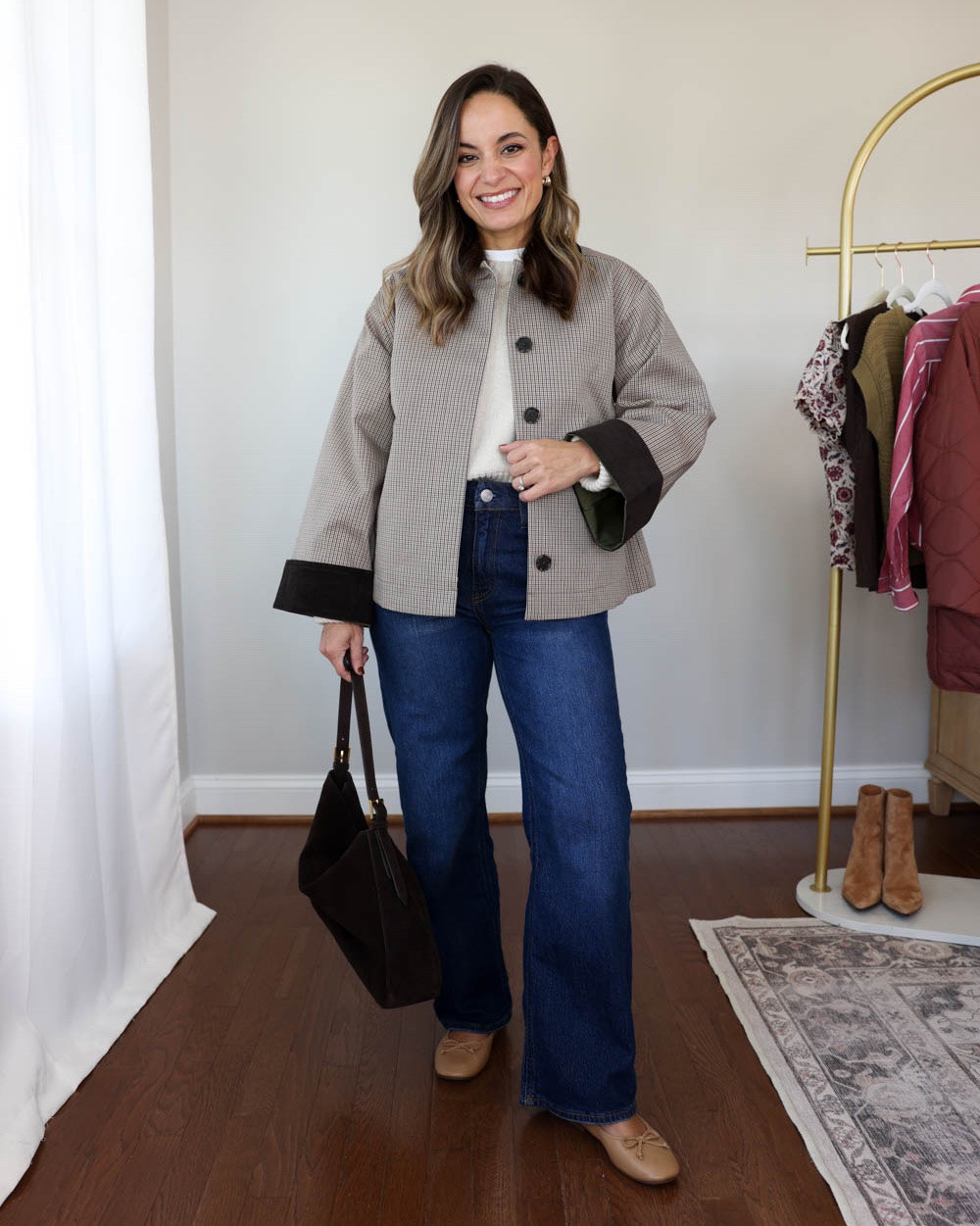 Incorporating plaid into your fall wardrobe for petites!

Outfit 1:
Plaid barn jacket (J.Crew): xxs - oversized
Sweater (Quince): xs in speckled beige
Relaxed straight jeans (Quince) 24 Short in stormy blue
White t-shirt (Old Navy): petite xs
Ballet flats: tts

Outfit 2:
Blazer (BR Factory): petite 00
Top (Quince): xs 
Brown pants (BR Factory): petite xxs (10” rise, 27.5” inseam) this is the wide leg style. Of course these pants that just came out have already sold out in this color, but they are available in black, navy, and gray if you like the style.
Cognac bag (Quince)
Flats: tts

Outfit 3:
Button Down (J.Crew Factory): petite xxs
Duster Cardigan (Amazon): xs in “apricort” first color option
Skirt (J.Crew Factory): 00 (sold out, but linking a similar option)
Loafers (Sam Edelman): tts in French sand
Tote (Quince) 

Size comparison: 4’10” (32”, 24”, 36”), 25” ankle inseam and 27.5-28” full length inseam

#LTKPetite #LTKSaleAlert #LTKSeasonal