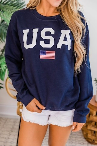 Athletic USA Flag Graphic Sweatshirt Navy | The Pink Lily Boutique
