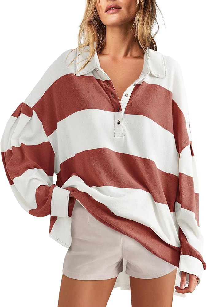 Panadila Womens Long Sleeve Striped Shirt Oversized Polo Shirts Casual V Neck T Shirt Loose Fit T... | Amazon (US)