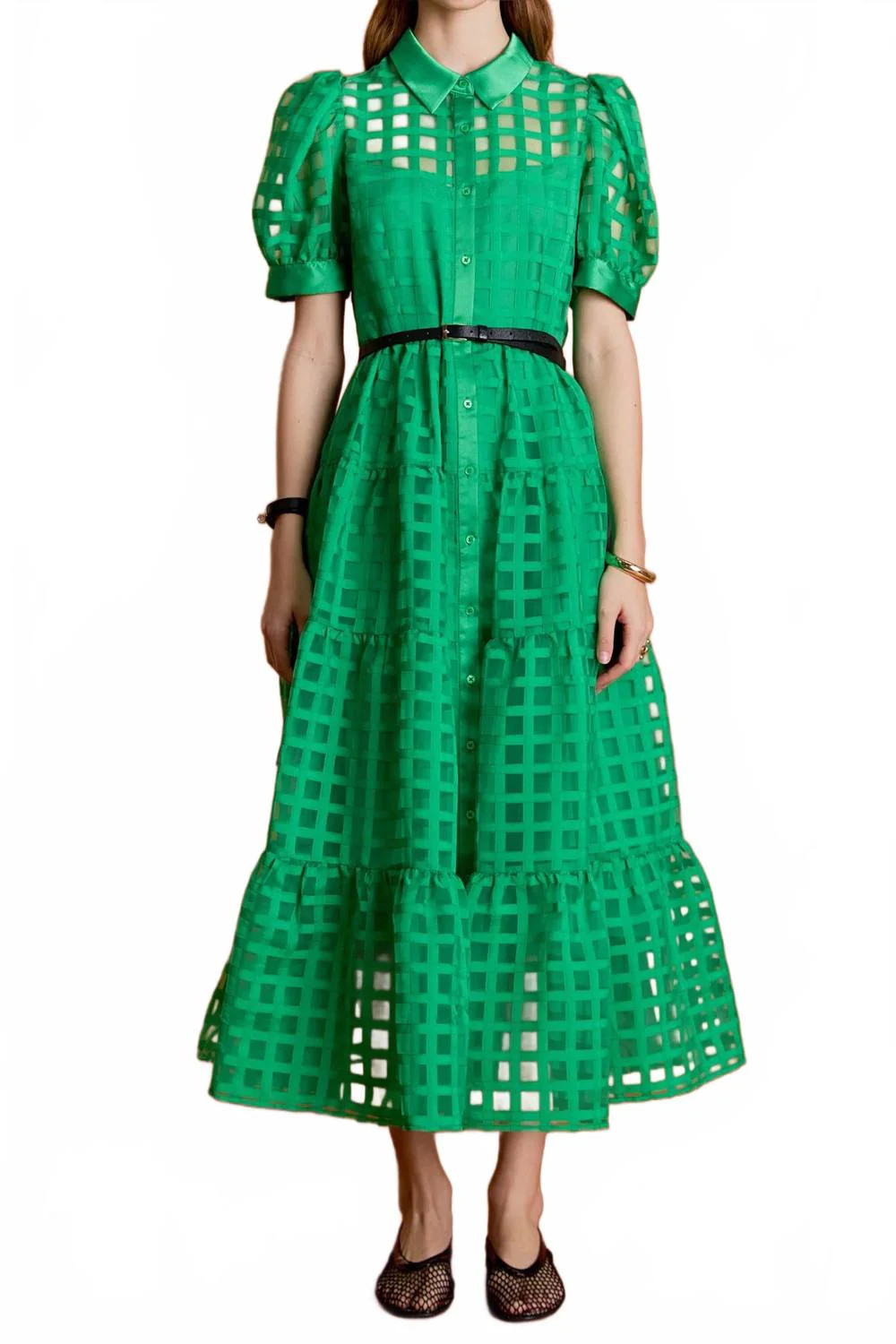 Gridded Organza Tiered Button-Up Maxi Dress In Green | Shop Simon