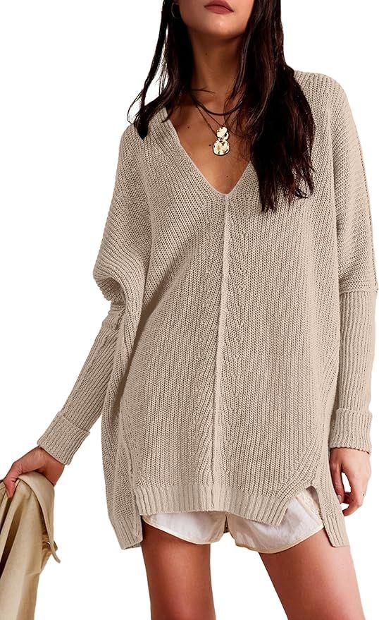 SuperPrity Womens Sweaters V Neck Long Sleeve 2024 Fall Oversized Front Slit Knit Pullover Sweate... | Amazon (US)