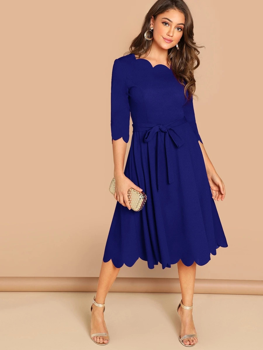 SHEIN Scallop Trim  Belted Fit & Flare Dress | SHEIN