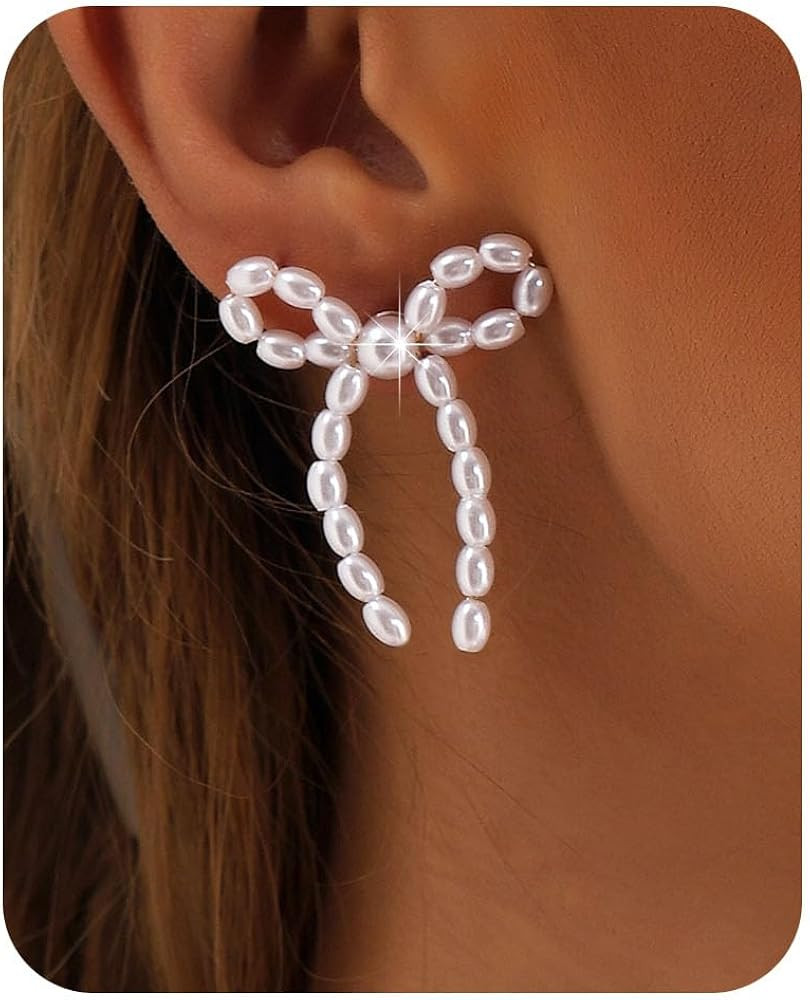 PANSHI 14K Gold Plated Bow Pearl Earrings | Sterling Silver Post Pearl Drop Earrings for Women Te... | Amazon (US)