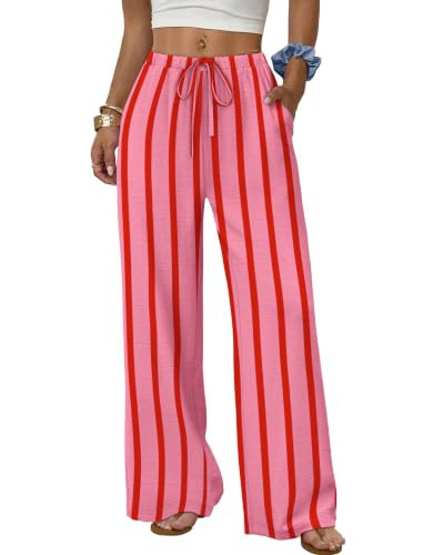 Sampeel Palazzo Pants for Women Flowy Business Casual Outfits Summer Pajama Pants Striped Beach Vacation Clothes Spring Fashion Clothing Vacation Outfits Wide Leg Trousers Pink M | Amazon (US)