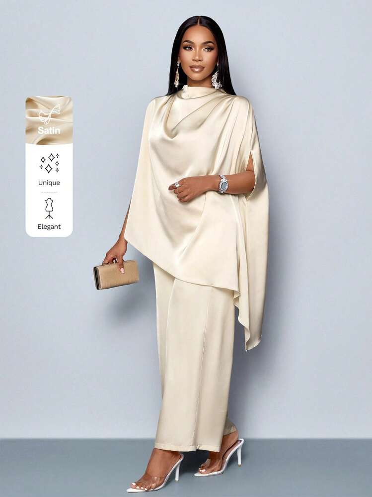 SOLERSUN Women's Fashionable Solid Color Elegant Mock Neck Stylish And Sophisticated Batwing Sleeve Satin Asymmetrical Hem Blouse & Straight-Leg Elegant Long Pants Sets Fall Cloth For Women | SHEIN