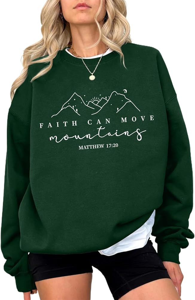 Christian Sweatshirts for Women Faith Can Move Mountains Sweatshirt Bible Verse Religious Long Sl... | Amazon (US)
