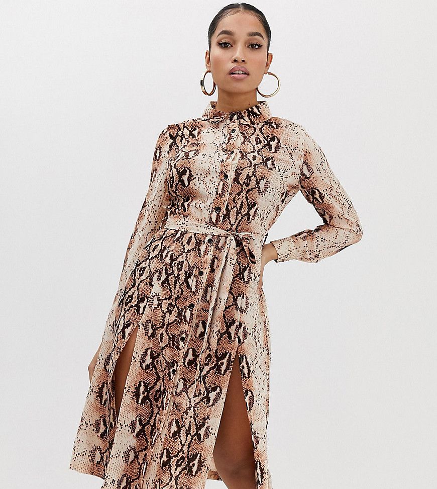 Missguided Petite shirt dress with side splits in snake-Brown | ASOS (Global)