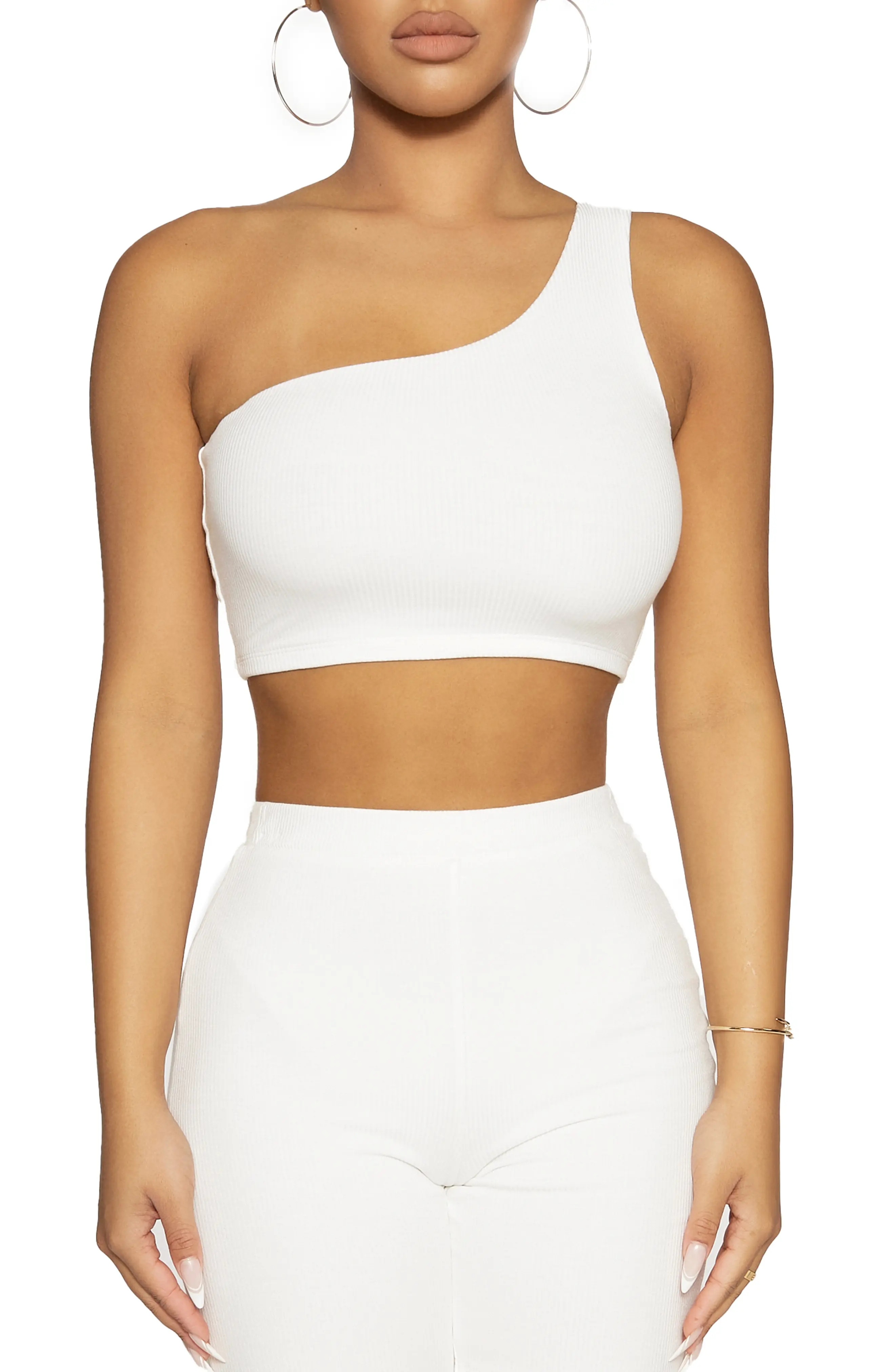 Naked Wardrobe Microrib One-Shoulder Crop Tank, Size Large in White at Nordstrom | Nordstrom