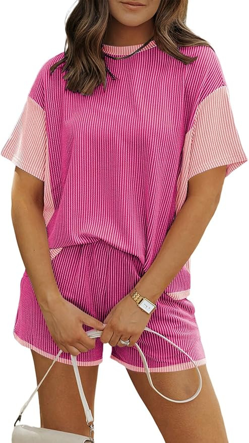 MARZXIN Women 2 Piece Shorts Set 2026 Casual Summer Cruise Outfits Ribbed Loose Short Sleeve Pock... | Amazon (US)