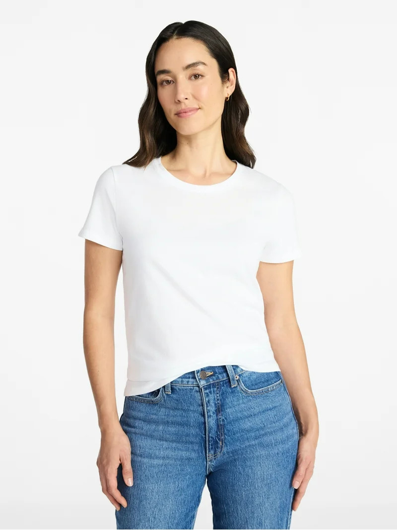 Time and Tru Women's Cotton Crewneck Tee with Short Sleeves, Sizes XS-XXXL | Walmart (US)