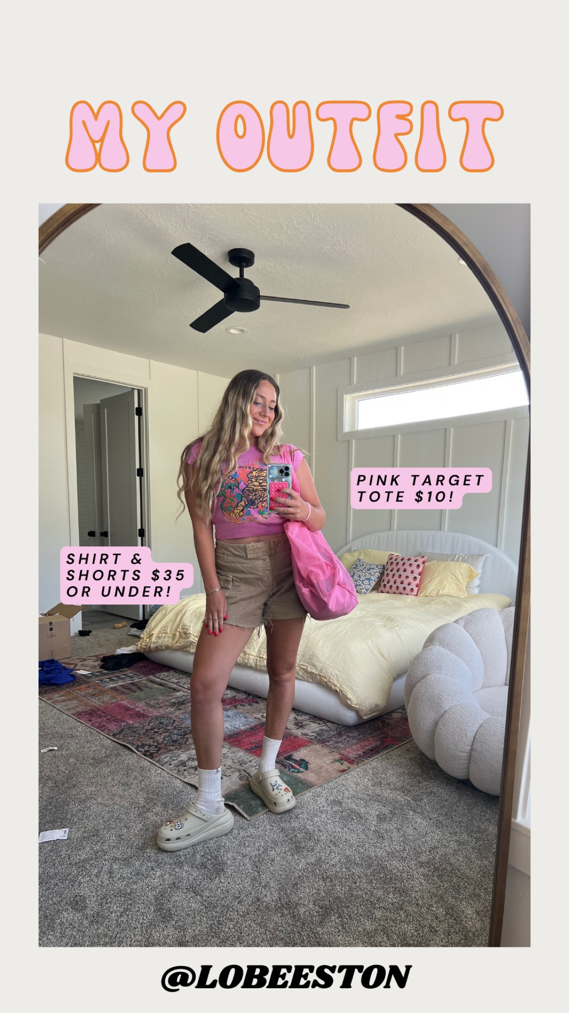 My outfit!! Urban Outfitters top & shorts (on sale), Target tote bag, Amazon phone case & my new crocs! 