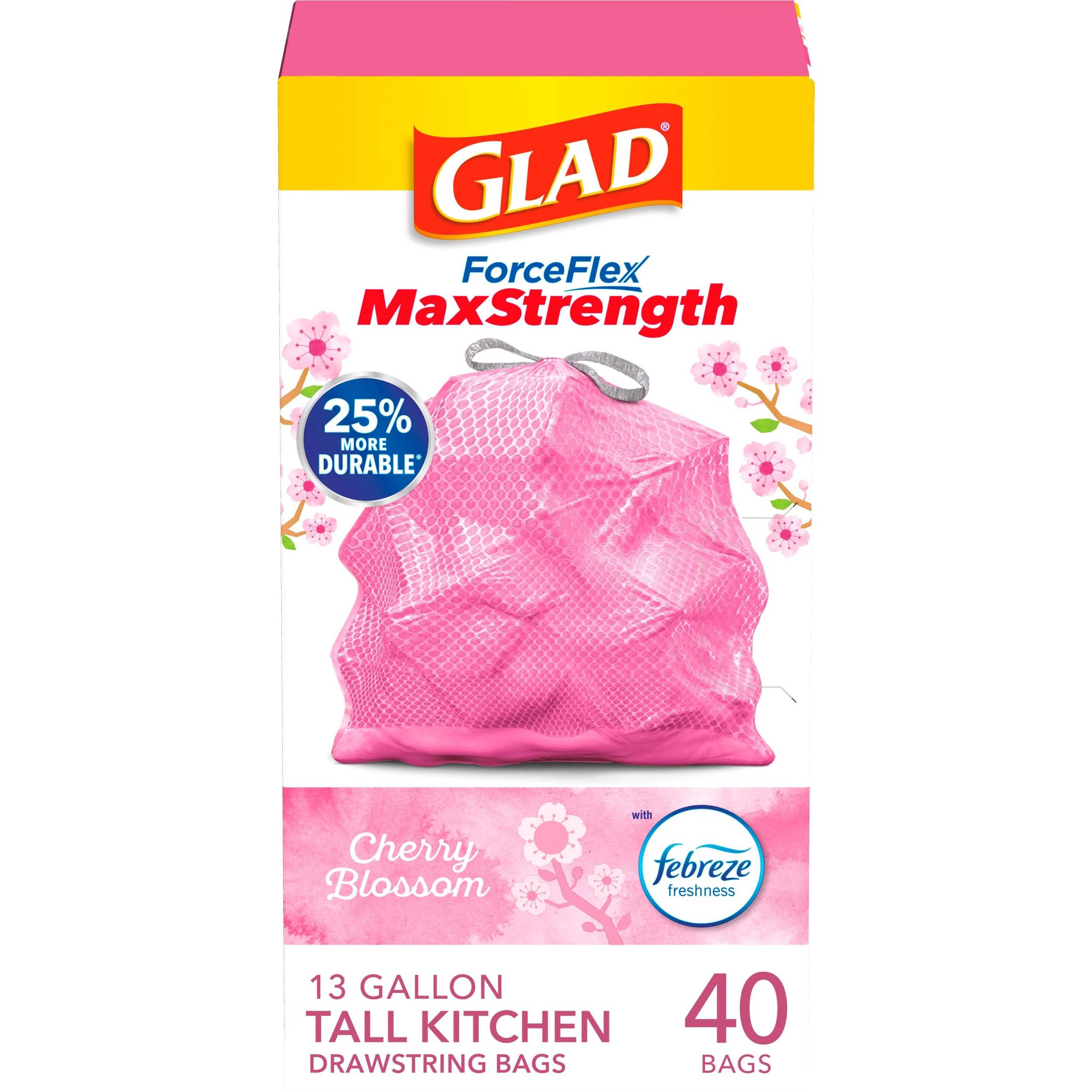 Glad ForceFlex MaxStrength 13 Gallon Tall Kitchen Drawstring Trash Bags, Cherry Blossom, 40 Bags | Walmart (US)